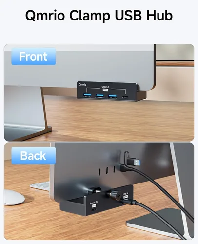 Vista 3 de Hub USB 3.0, concentrador USB con abrazadera de 5 Gbps para escritorio/monitores con puerto de fuente de alimentación adicional, 3 puertos de datos
