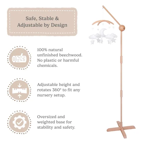 Vista 3 de Soporte de madera para cuna con brazo móvil, brazo móvil para cuna y moisés, altura ajustable de 360°, ajuste universal, madera de haya 100%