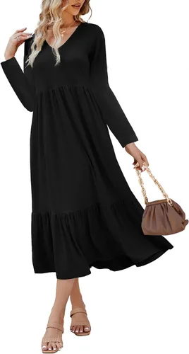 Vista 3 de Paintcolors Vestido largo casual de manga larga con cuello en V para mujer, vestido escalonado, color sólido, holgado, con vuelo, vestido midi