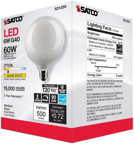 Vista 8 de Satco S21255 - Bombillas LED de 6 W, G40, globo blanco, E26, base media, 2700 K, blanco cálido, regulable, 120 V, (paquete de 6)