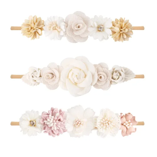 Vista 11 de cherrboll 3 diademas de flores para bebé, súper suaves y elásticas, de nailon, para recién nacidas