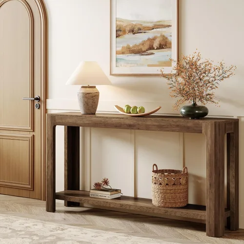 Vista 10 de Tribesigns - Mesa de consola de entrada de 63 pulgadas, mesa de sofá de 2 niveles estilo granja estrecha detrás del sofá, mueble de consola