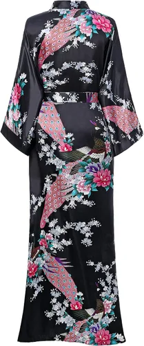 Vista 2 de BABEYOND Bata tipo kimono para mujer, bata larga de satén con estampado de pavo real y flores Negro