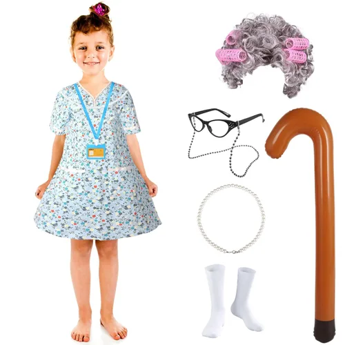 Vista 5 de JaosWish Disfraz de anciana para niños, disfraz de 100 días de escuela para niños, disfraz de abuela cosplay, peluca de abuelita