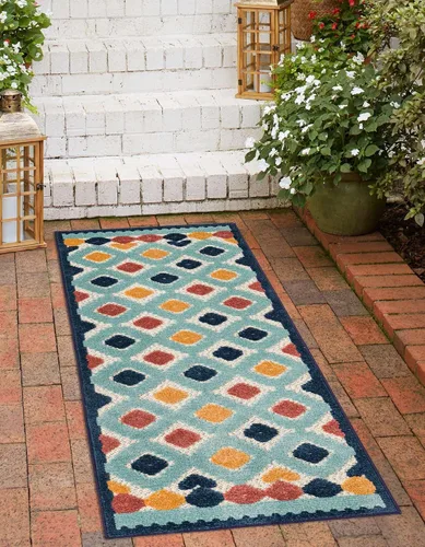 Vista 4 de Unique Loom Belize Outdoor Collection - Alfombra Sarstoon (2 x 8 pies, color marfil/azul claro)