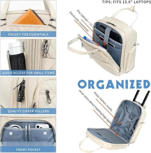 Vista 4 de KROSER Maleta de mano para debajo del asiento, multifuncional, 16 pulgadas, ligera, para mujer, Beige