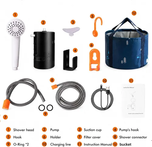 Vista 6 de Ducha portátil para campamento, 4400 mAh, recargable por USB, IPX7, impermeable, bomba de ducha con batería + cubo plegable para campamento Negro