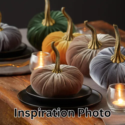 Vista 7 de Juego de 4 pequeñas calabazas de franela de terciopelo y algodón, decoración a cuadros de búfalo blanco y negro, estantes de calabaza negra