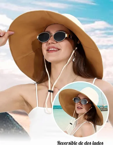 Vista 7 de Sombrero de pescador de algodón para mujer, reversible, de ala ultra ancha, plegable, protección UV, verano, viajes, UPF 50+ Caqui