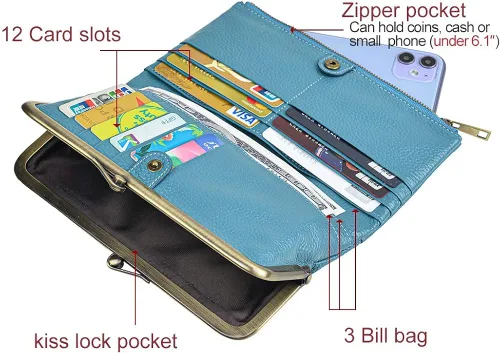 Vista 2 de Billetera de cuero suave para mujer, compacta plegable RFID, monedero con cremallera y cierre de beso