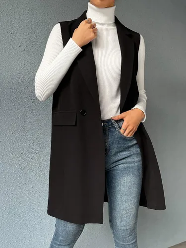 Vista 5 de SheIn Chaleco largo con doble botonadura frontal abierta para mujer sin mangas largo para exteriores con bolsillos
