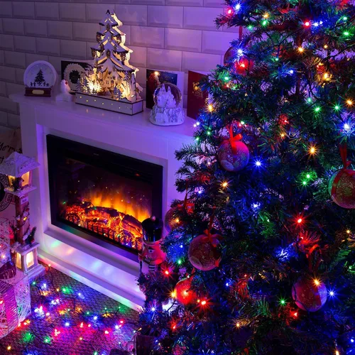 Vista 7 de Paquete de 4 luces solares de Navidad multicolor para exteriores, impermeables, 400 LED de 132 pies, cable verde con 8 modos, luces solares de hadas
