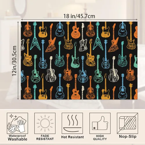 Vista 2 de Juego de 6 manteles individuales coloridos de guitarra, impermeables, antideslizantes, lavables, para cocina, comedor, vacaciones, fiesta
