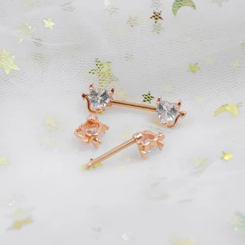 Vista 5 de BODY16G CZCZ Piercing para pezones de acero inoxidable 316L con forma de corazón de diablo con circonita cúbica para pezones piercing corporal