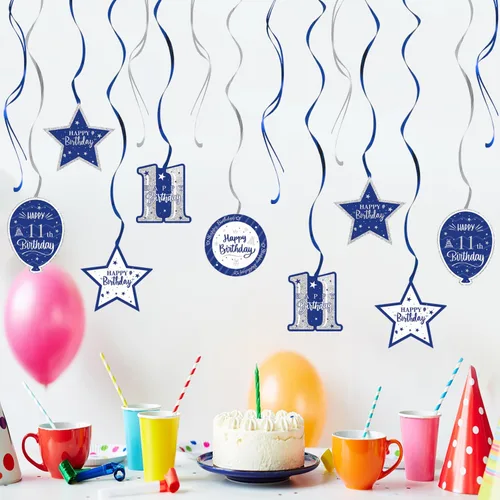 Vista 6 de Decoración de fiesta de serpentinas con purpurina azul y plateada de feliz 11º cumpleaños, 15 piezas de remolinos colgantes de 11 cumpleaños, cartel