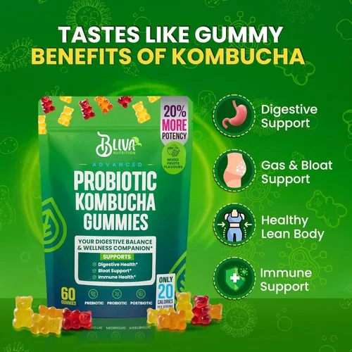 Vista 4 de BLIVA Gomitas probióticas de kombucha para hombres y mujeres - 60 gomitas Prebióticos, probióticos, postbióticos, corteza de olmo resbaladizo
