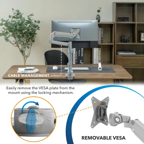 Vista 8 de Mount-It! Soporte de escritorio para un solo monitor, brazo de resorte de gas montado en poste, soporte de monitor ajustable en altura de movimiento