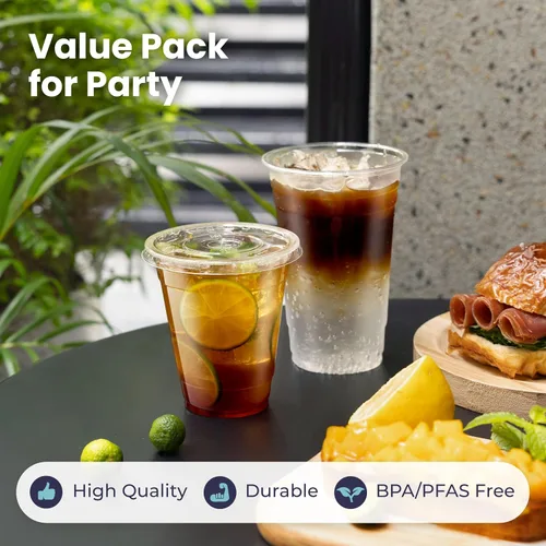 Vista 5 de Fit Meal Prep Paquete de 100 Vasos de Plástico para Café Helado de 16 oz con Tapas Planas y Pajitas Transparentes, Vaso Transparente Desechable