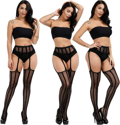 Vista 3 de DRESHOW 6 Pack Fishnet Stockings Hight Waist Tights Thigh High Pantyhose Plus