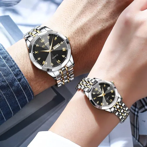 Vista 14 de OLEVS Reloj para parejas para él y ella, reloj analógico de cuarzo para hombres y mujeres, de acero inoxidable, impermeable, luminoso, fecha, reloj