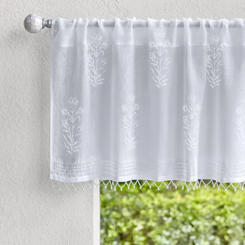 Vista 13 de Saffron Marigold Cortina de cenefa impresa a mano con ribete de cuentas, velo de novia blanco, perfecta para cocina, dormitorio, baño, comercio