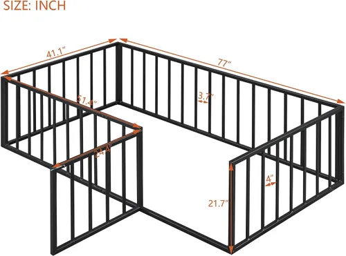 Vista 2 de Cama de suelo de tamaño individual para niños, camas Montessori con rieles y puerta, marco de cama de metal con valla para niños y niñas, color negro