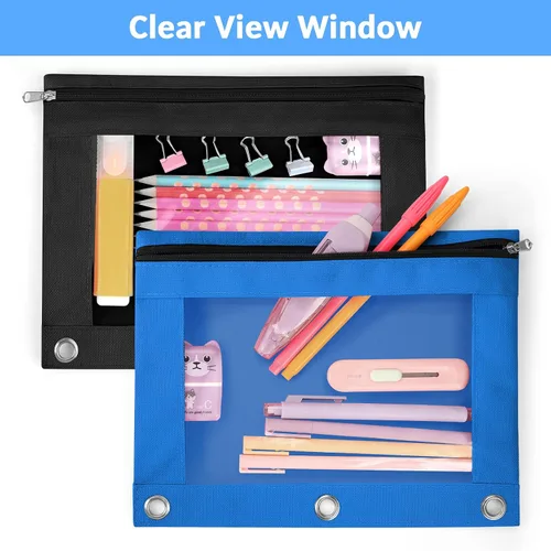 Vista 6 de Sooez Estuche para lápices para carpeta de 3 aros, paquete de 2 estuches para lápices con ventana transparente, bolsas para lápices con cremallera