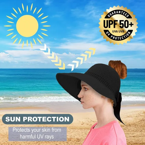 Vista 3 de Visera solar de paja para mujer, sombrero de playa con protección UPF 50+, ajustable, gorra de cola de caballo plegable enrollable con correa