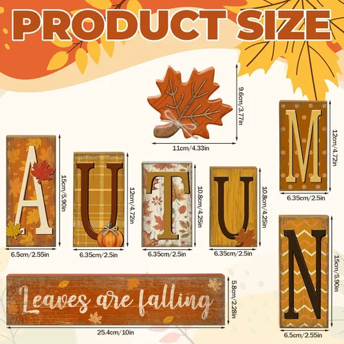 Vista 6 de Threehoney 8 piezas de decoración de mesa de otoño, hojas rústicas de otoño, letrero de madera, hojas de arce, bloque de madera, centro de mesa