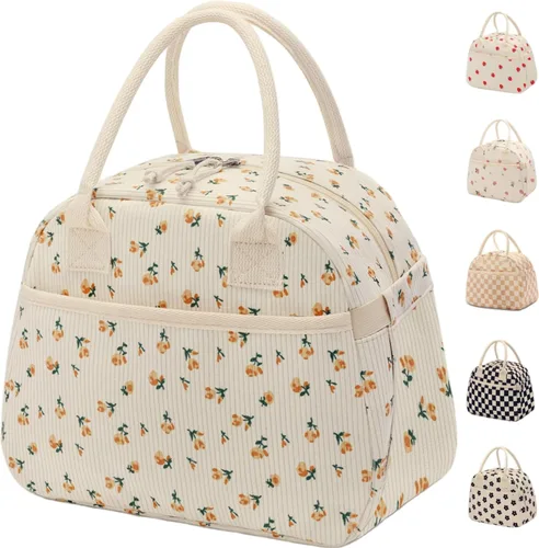 Vista 29 de Carry bloom Lonchera para mujer, lonchera aislada, bonita lonchera de pana reutilizable para el trabajo (1 rayas blancas y negras)