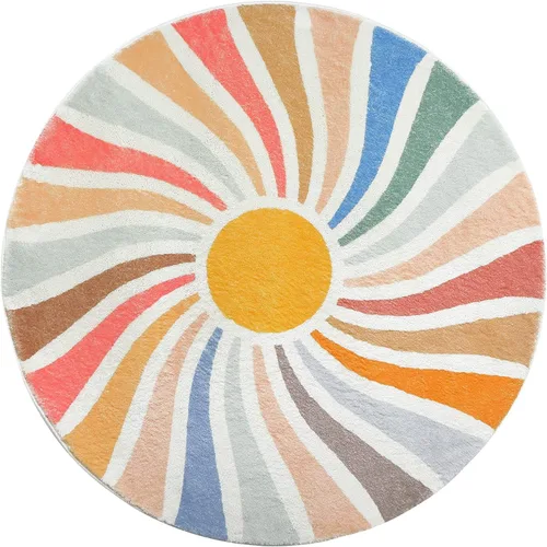 Vista 2 de Poowe Alfombra redonda con diseño de arco iris, colorida alfombra bohemia para niños, ultra suave, lavable, alfombra para habitación del cuarto