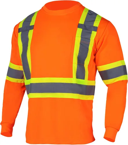 Vista 10 de VENDACE Camiseta de trabajo de seguridad de alta visibilidad para hombre, ANSI Clase 1, camisa reflectante de manga larga con bolsillo (gris, S)
