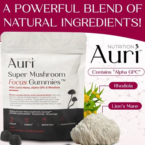 Vista 6 de Auri Nutrition Super Mushroom Focus Gummies con melena de león, Alpha GPC y Rhodiola - Suplemento de hongos para apoyar la función cognitiva
