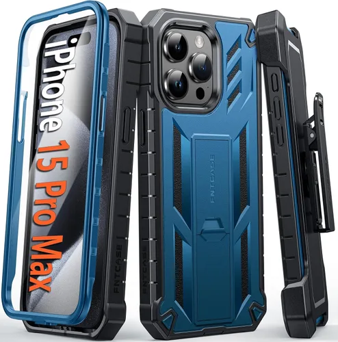 Vista 10 de FNTCASE Funda para iPhone 15-Pro-Max de 6.7 pulgadas, protector de pantalla integrado, soporte y clip para cinturón, resistente protección a prueba