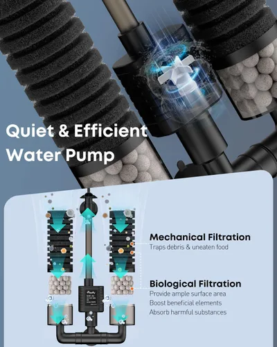 Vista 5 de Pawfly Filtro de esponja para acuario, filtro de tanque de peces de 70 GPH, filtro sumergible de 3 W para acuario pequeño con bomba de agua, espumas