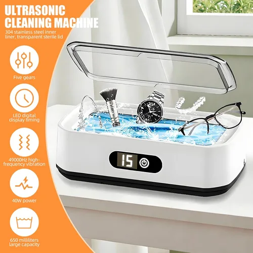 Vista 2 de Máquina de limpieza ultrasónica de 49 kHZ con temporizador digital, acero inoxidable 304, limpiador ultrasónico profundo de 22.0 fl oz para gafas