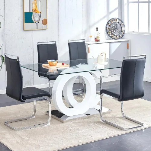 Vista 19 de Juego de mesa de comedor de 63 pulgadas para 4, moderno juego de mesa de comedor de vidrio templado para 4, para el hogar, cocina, sala de estar
