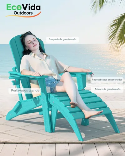 Vista 10 de Juego de sillas plegables Adirondack de 3 piezas, respaldo extra alto de 38 pulgadas y grano de madera en relieve, muebles de patio de polietileno