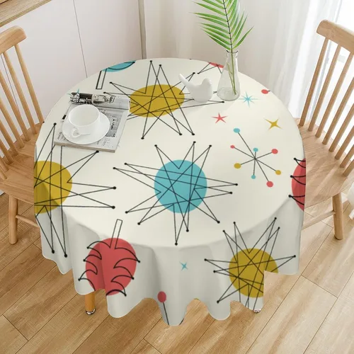 Vista 46 de Mantel retro moderno de mediados de siglo, diseño de colores retro de los años 50, resistente al agua, mantel lavable para cocina, comedor, fiesta