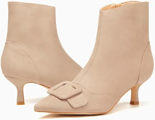 Vista 6 de Coutgo Botines de tacón de gatito para mujer, puntera puntiaguda, cremallera lateral, hebilla cuadrada, botines de invierno