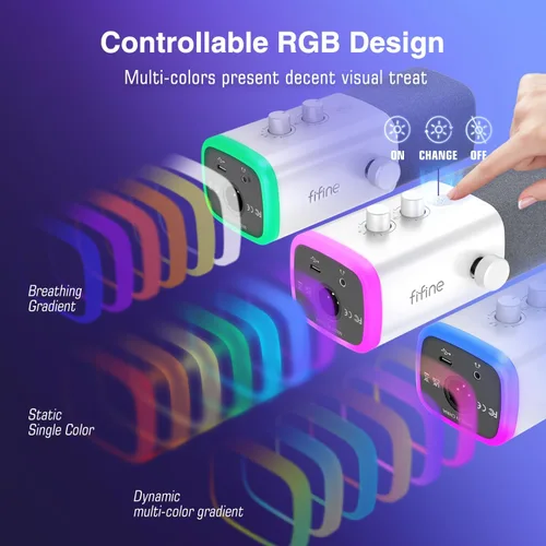 Vista 4 de FIFINE XLR/USB Micrófono para juegos de Gaming para transmisiones y podcasting, micrófono RGB para PC, con perilla de ganancia, botón de silencio