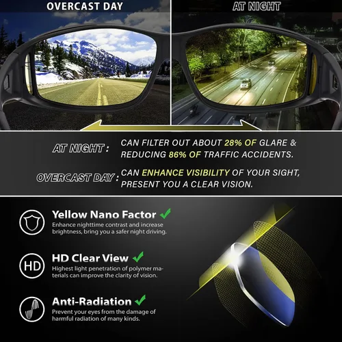 Vista 6 de URUMQI Gafas de conducción de visión nocturna para hombres y mujeres, lentes polarizados antirreflejos, lentes de alta definición amarillas