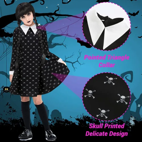 Vista 3 de ZIW Girls Wednesday Addams Costume Dress Kids Family Halloween Costumes Skull Printed Long Sleeve Pugsley Cosplay