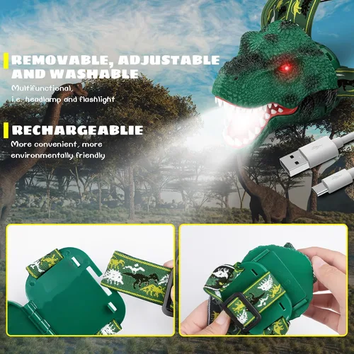 Vista 7 de Dysaim Linterna Frontal para Niños, Linterna Frontal de Dinosaurio T-Rex Recargable para Niños y Lámpara LED de Cabeza, Linterna de Equipo