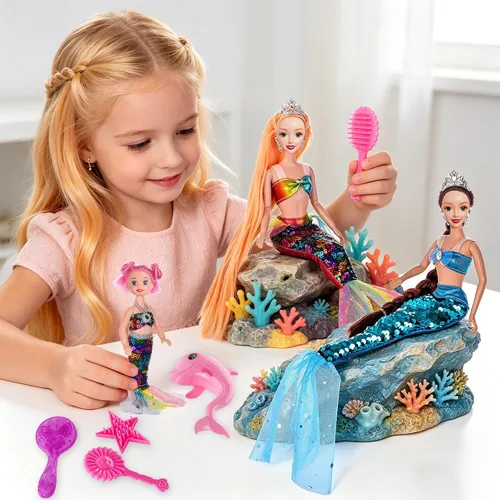 Vista 6 de Juego de muñecas de sirena de 11.5 pulgadas con accesorios, dos muñecas de princesa, una muñeca pequeña, un juguete de delfín, juguete de una
