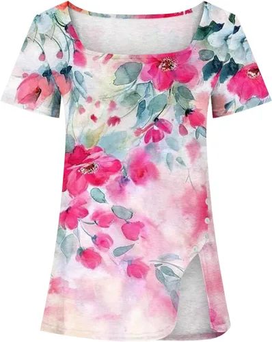 Vista 4 de Womens Summer Tops Boho Floral Print Tunic Side Split Button Down Short Sleeve Square Neck Shirts Spring Blouses