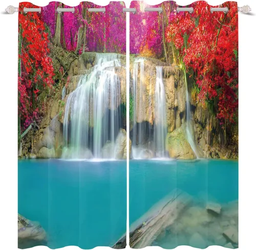 Vista 8 de Renaiss Cortinas opacas con cascada, diseño de bosque profundo, con aislamiento térmico, para dormitorio, árboles, estanques, piedras, para sala