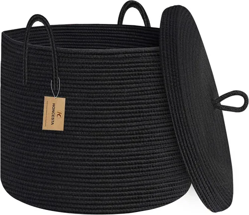 Vista 8 de Cesta de almacenamiento grande de 18" X 18" X 14" con tapa, cesta para mantas de sala de estar, caja de almacenamiento de cuerda de algodón tejida
