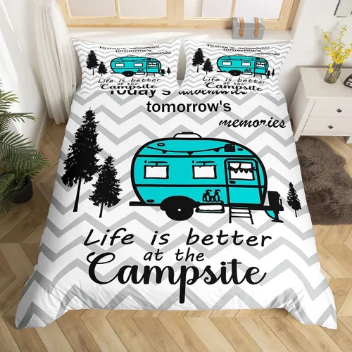 Vista 29 de Erosebridal Juego de funda de edredón de cabaña de cabaña, ropa de cama individual para niños, funda de edredón de campamento feliz, ropa de cama