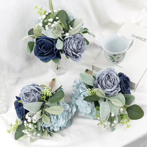 Vista 4 de Ramo de dama de honor artificial para boda, ramo de flores de seda prefabricadas de 7 pulgadas, ramo de flores pequeñas para dama de honor